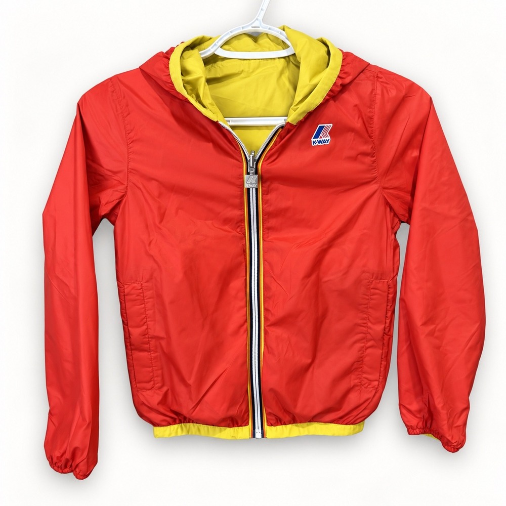 K-Way Kids 8Y Windbreaker Reversible Orange Yellow Hooded Jacket Packable Gorp